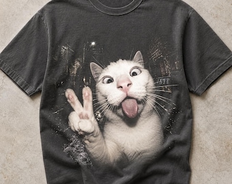 Funny Cat Halftone PNG, Peace Sign Tongue Out Cat, Meme Animal Design, Black Shirt DTF Graphic