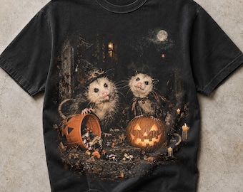 Halloween Opossum Halftone PNG, Spooky Possum Pumpkin, Trick or Treat Vintage Design, Black Shirt DTF Graphic
