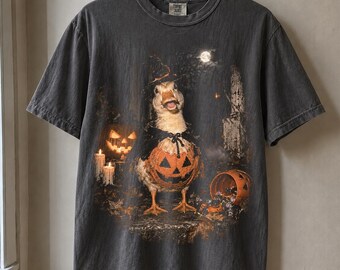 Halloween Duck PNG, Pumpkin Costume Duck, Spooky Trick or Treat Halftone Design, Black Shirt DTF Graphic