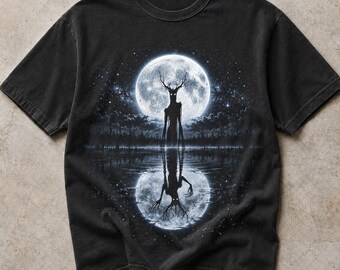 Wendigo Moon Halftone PNG, Antlered Cryptid Full Moon, Dark Folklore Horror Design, Black Shirt DTF Graphic (Digital Download)