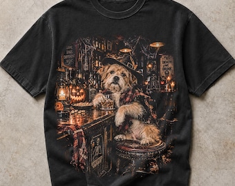 Halloween Dog Bar Halftone PNG, Spooky Drinking Dog, Vintage Haunted Pub Design, Black Shirt DTF Graphic