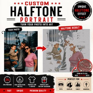 May include: A digital service advertisement for a custom halftone portrait. The graphic displays a photo of a family next to a converted halftone version with a transparent background. Text includes CUSTOM HALFTONE PORTRAIT and UNIQUE HALFTONE EFFECT.