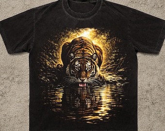 Tiger Drinking River Halftone PNG | Vintage Dark T-Shirt Design | DTF Transfer | Digital Download | 16x20 300 DPI | Transparent Background
