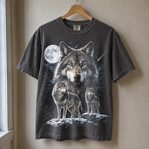 3 Wolves Moon Halftone PNG Wolf Full Moon Wilderness Old school graphic tees Design | DTF Transfer | Digital Download