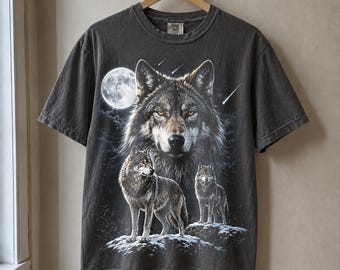 3 Wolves Moon Halftone PNG Wolf Full Moon Wilderness Old school graphic tees Design | DTF Transfer | Digital Download