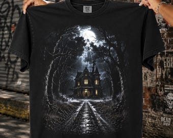 Haunted House Halftone PNG, Full Moon Gothic Mansion, Dark Forest Halloween Design | DTF Transfer | Digital Download