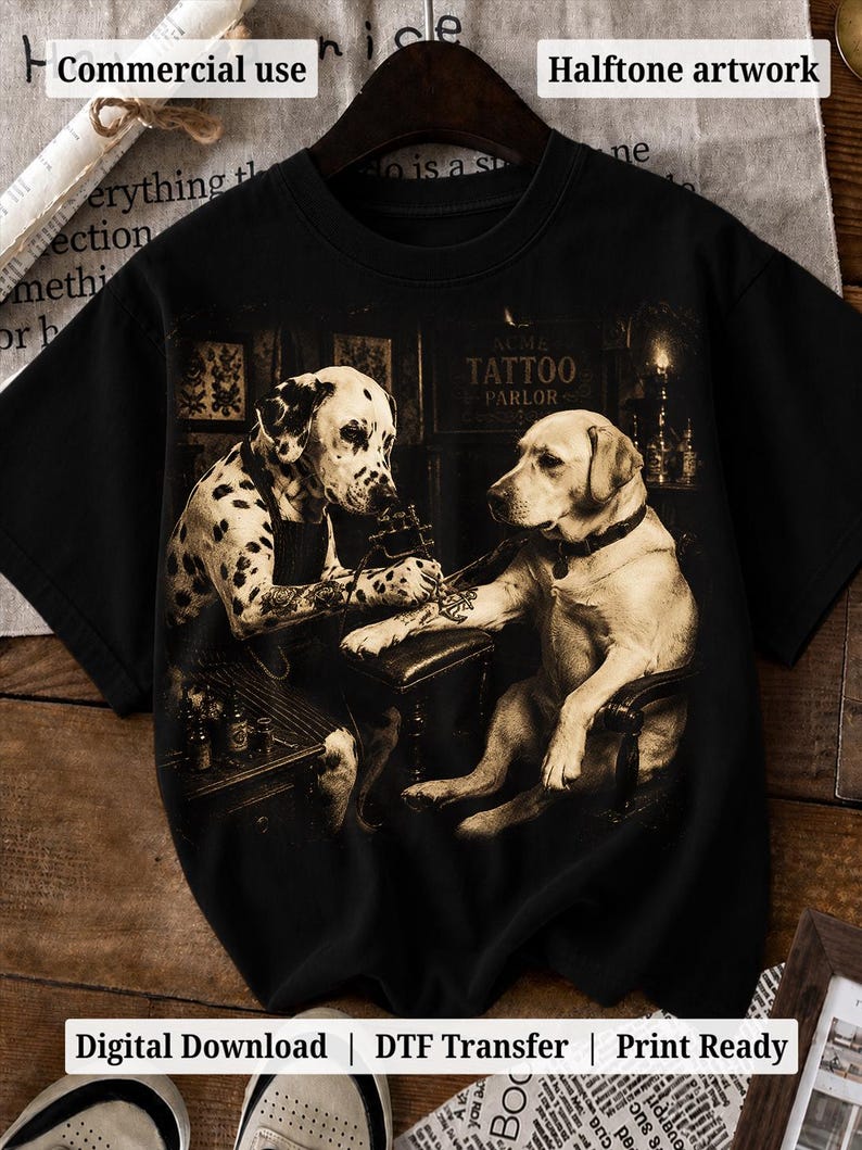Vintage Tattoo Parlor Dogs Halftone PNG Funny Dog Tattoo Artist Design ...