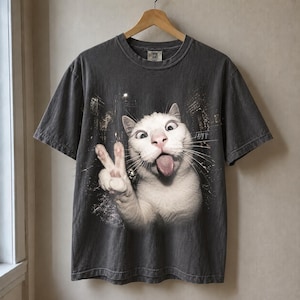 Funny white cat sticking its tongue out and making a peace sign with its paw in a dark alley flash-photo style, weird animal halftone PNG artwork for black shirt printing