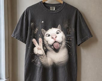 Funny Cat Peace Sign Halftone PNG Weird Animal Streetwear Design Old school graphic tees | DTF Transfer | Digital Download