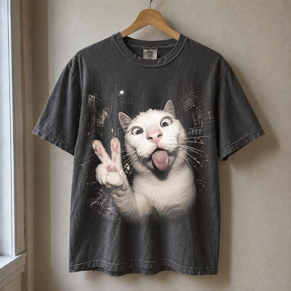 Funny Cat Peace Sign Halftone PNG Weird Animal Streetwear Design Old school graphic tees | DTF Transfer | Digital Download