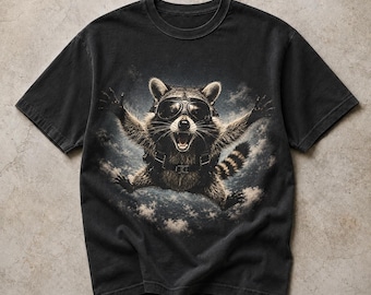Skydiving Raccoon PNG, Funny Flying Raccoon Adventure Animal Halftone Design, Extreme Sports Black Shirt PNG