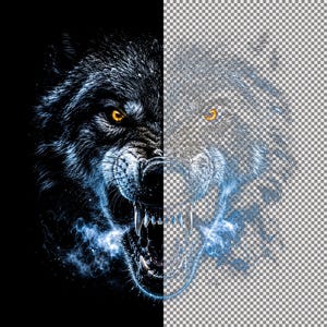 May include: A digital graphic illustration of a snarling wolf head with glowing amber eyes and blue smoke effects. The left side features a solid black background, while the right side displays a transparent checkerboard pattern background.