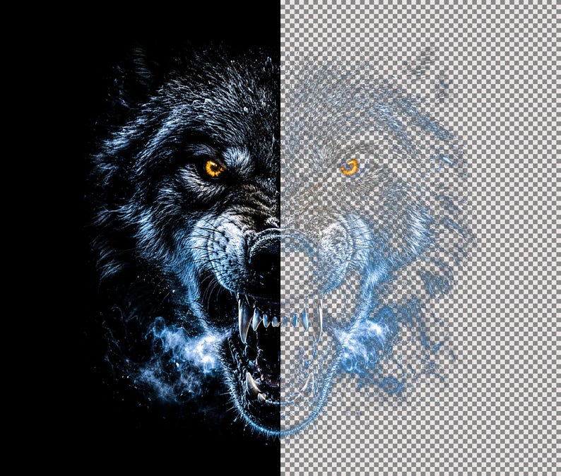 May include: A digital graphic illustration of a snarling wolf head with glowing amber eyes and blue smoke effects. The left side features a solid black background, while the right side displays a transparent checkerboard pattern background.