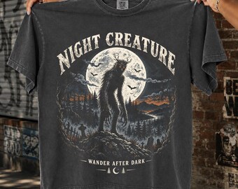 Night Creature Halftone PNG, Antlered Cryptid Full Moon, Dark Forest Folklore Horror Design Old school graphic tees | DTF Transfer
