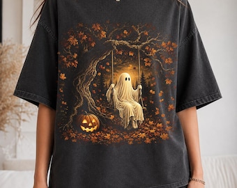 Ghost On Swing Halftone PNG Cute Halloween Autumn Pumpkin Design | DTF Transfer | Digital Download