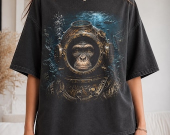 Deep Sea Chimp Halftone PNG Vintage Diver Helmet Animal Design Old school graphic tees | DTF Transfer | Digital Download