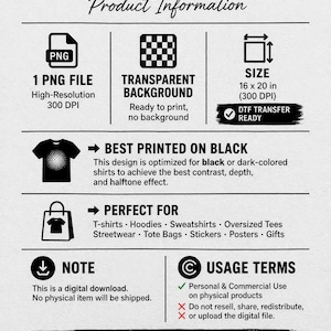 May include: A digital download information sheet featuring black text on a white background. It specifies a 16 x 20 inch PNG file with a transparent background, 300 DPI resolution, and DTF transfer readiness. It notes optimization for black garments.