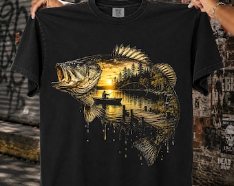 Bass Fishing Halftone PNG Lake Sunset Largemouth Bass Angler Design | DTF Transfer | Digital Download