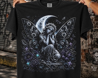 Moonlit Dark Fairy Halftone PNG Gothic Fairycore Fantasy Design | DTF Transfer | Digital Download