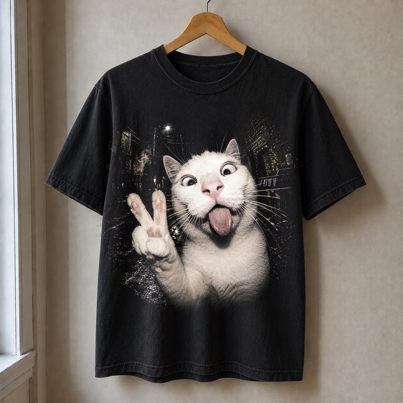 Funny white cat sticking its tongue out and making a peace sign with its paw in a dark alley flash-photo style, weird animal halftone PNG artwork for black shirt printing