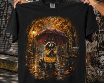 Rainy Day Raccoon Halftone PNG Autumn Umbrella Woodland Design | DTF Transfer | Digital Download