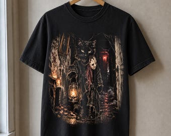 Black Cat Halloween Halftone PNG, Creepy Lantern Cat, Gothic Spooky Horror Design, Black Shirt DTF Graphic