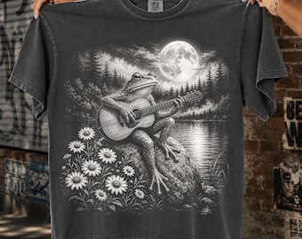 Frog Guitar Halftone PNG Moonlit Pond Cottagecore Frog Design Old school graphic tees | DTF Transfer | Digital Download