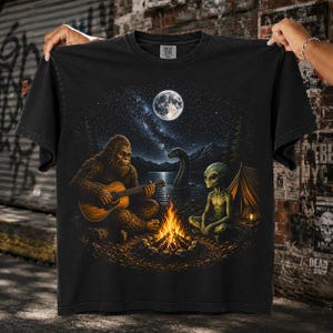 Bigfoot Alien Campfire Halftone PNG UFO Sasquatch Guitar Camping Design Old school graphic tees | DTF Transfer | Digital Download