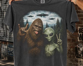 Bigfoot And Alien Halftone PNG UFO Cryptid Friends Forest Mystery Design Old school graphic tees | DTF Transfer | Digital Download