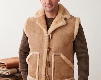 Herren Schaffell Bergsteiger Weste - Echtes Lammleder Gilet, warme Winterweste