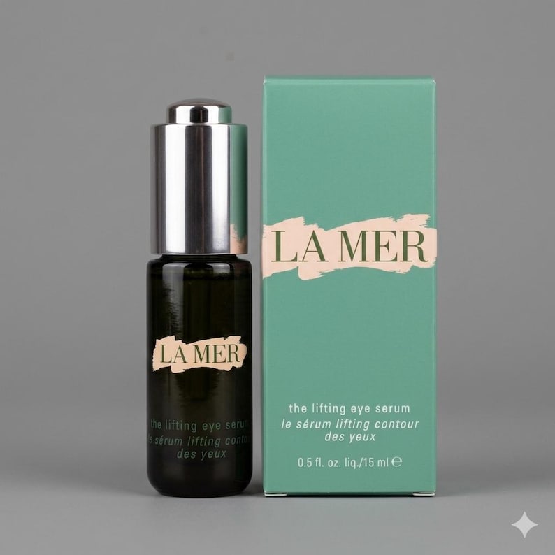 K&ouml;nnte beinhalten: Eine dunkle Glasflasche mit La Mer The Lifting Eye Serum und silbernem Tropfverschluss neben der rechteckigen hellgr&uuml;nen Pappschachtel. Die Schachtel zeigt den Schriftzug LA MER in Dunkelgr&uuml;n auf einem beigen Pinselstrich und 15 ml e.