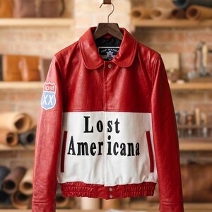 Lost Americana Red White Leather Bomber Jacket – Handmade Varsity Style Tonight Show