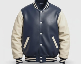 Vollleder Varsity Jacke | Navy Blau & Weiß Letterman Bomber