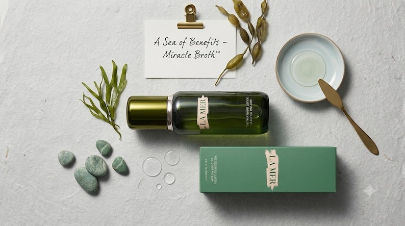 以下が含まれることがあります： La Mer The Treatment Lotionのダークグリーンのガラスボトルと緑色の箱、A Sea of Benefits - Miracle Brothと書かれた小さな白いカード、緑色の海藻の小枝、滑らかな緑色の石、小さな陶器の皿、金色のスプーン。