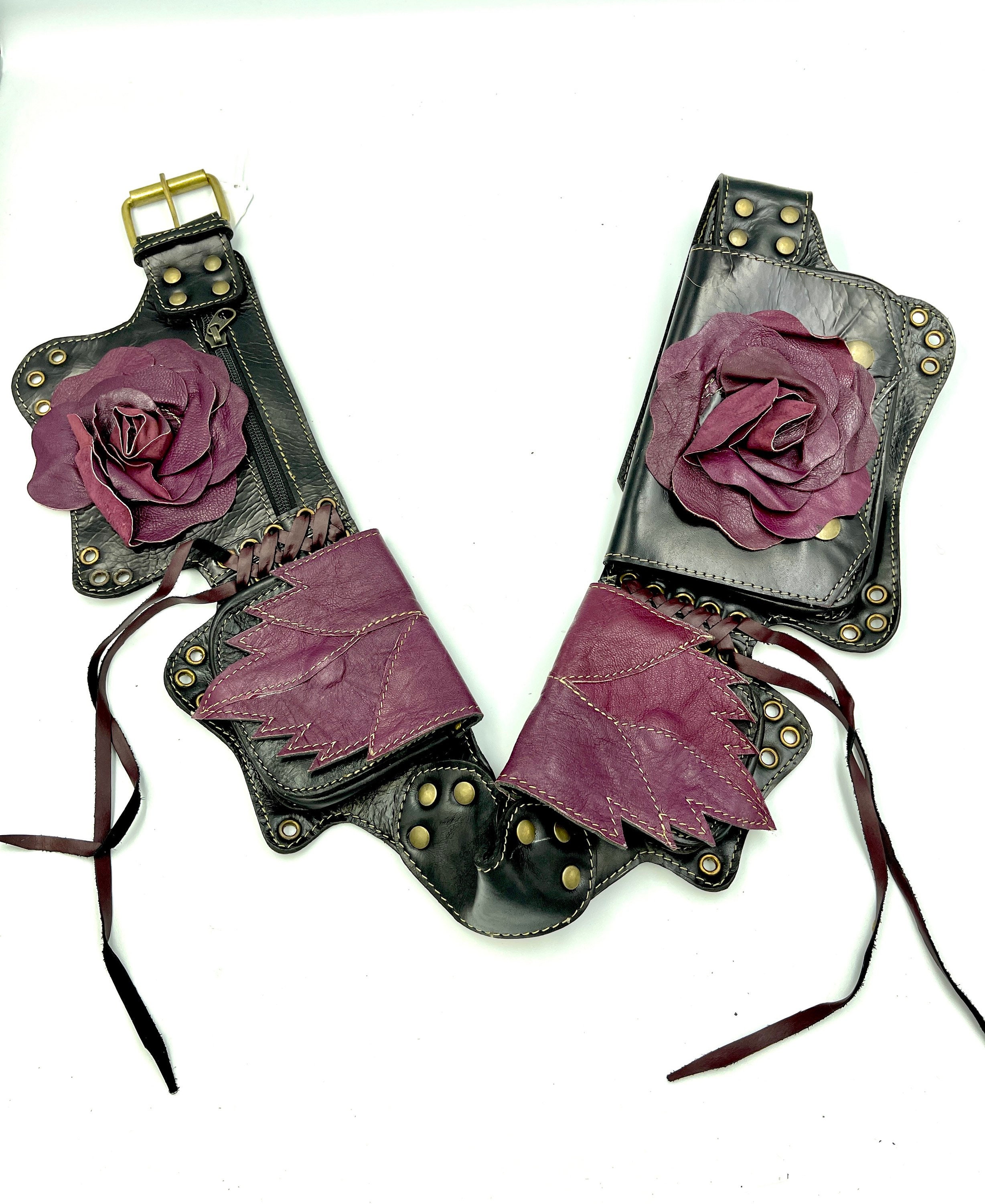 Leather Belt Bag Hip Purse Embroidered purple Rose - SUNSET LEATHER