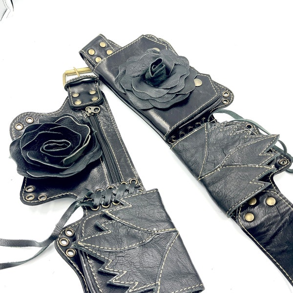 Black Leather Rose Fanny Pack/ Hip Belt / Leather Beltbag