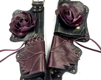 Purple Leather Rose Fanny Pack, Handmade Gift, Belt bag, Leather belt, Pocket belt, Travel belt, Festival Belt