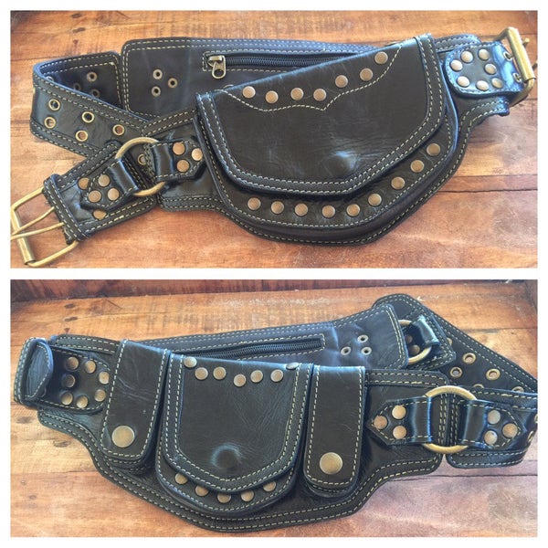 Black Leather Utility Belt/ Leather Fanny Pack/ Travel Belt/ Hip Belt- Sycamore Belt