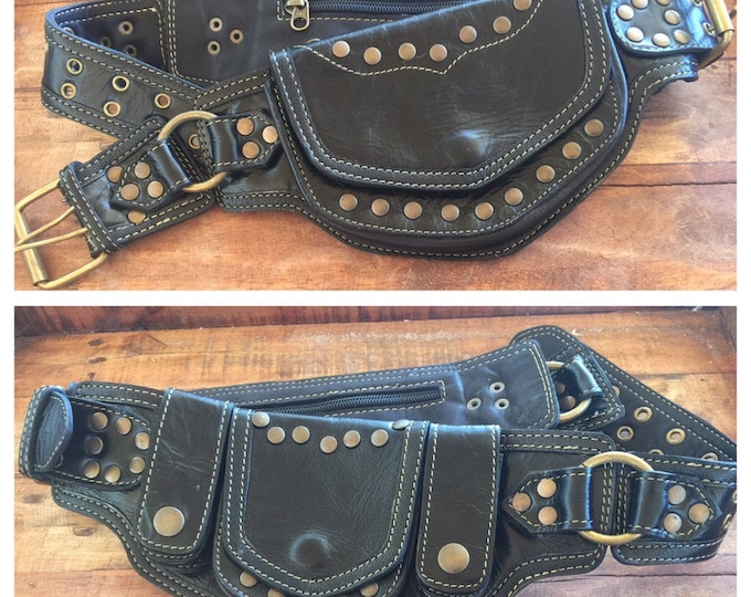 Black Leather Utility Belt/ Leather Fanny Pack/ Travel Belt/ Hip Belt