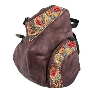 Purple Leather Backpack/ Embroidered Flower/ Handmade Gift