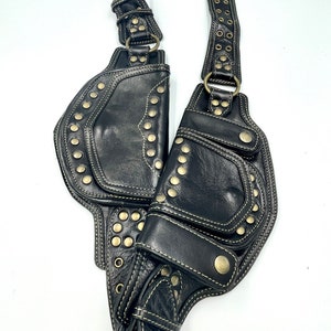 Black Leather Sycamore Fanny Pack / Pocket Belt / Black Leather Festival Belt/ Handmade Gift