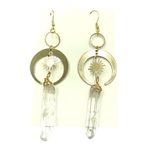 Gold  Quartz crystal drop earrings/ Moon crystal earrings/ Buring Man Earrings