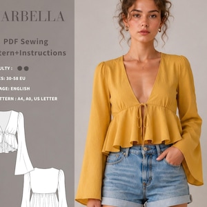 Peplum Top Sewing Pattern for Women | V-Neck Tie-Front PDF | Long Flared Sleeves |  Marbella