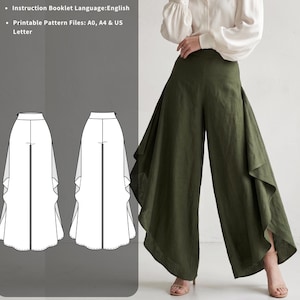 Wide Leg Pants, Easy Sewing Pattern PDF, Split Palazzo Trousers, for Women, 15 Sizes