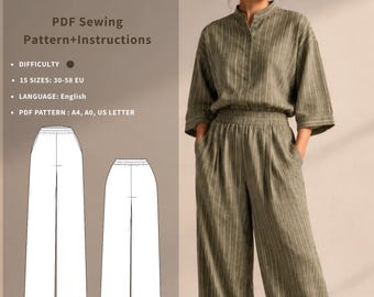 Patrón de costura en PDF para pantalones de pierna ancha para mujer / Cintura elástica / EU30-58 / JENNA