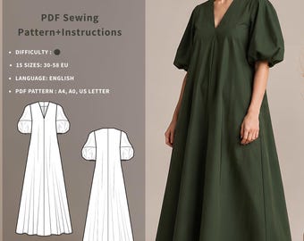 Patrón de costura en PDF para vestido largo, cuello en V y mangas abullonadas, fácil para mujer I IRIS