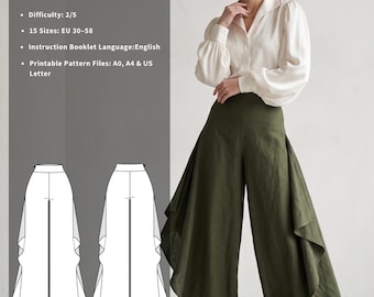 Pantalones de pierna ancha, patrón de costura fácil en PDF, pantalones palazzo con abertura, para mujer, 15 tallas.