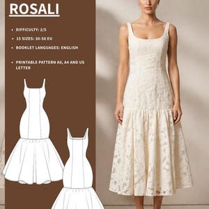 May include: A sewing pattern for the Rosali dress, featuring a cream-coloured midi dress with a square neckline and a floral lace overlay. The brown sidebar includes text: DRESS ROSALI, DIFFICULTY: 2/5, 15 SIZES: 30-58 EU, BOOKLET LANGUAGES: ENGLISH.