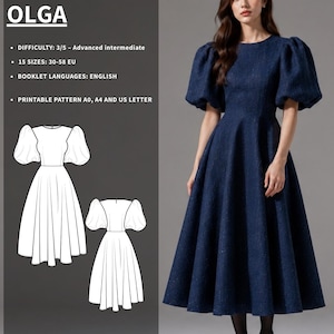 May include: A navy blue midi dress with puff sleeves and a round neckline. The image includes text: DRESS OLGA, DIFFICULTY: 3/5 - Advanced intermediate, 15 SIZES: 30-58 EU, BOOKLET LANGUAGES: ENGLISH, PRINTABLE PATTERN A0, A4 AND US LETTER, CLIC PATTERN.