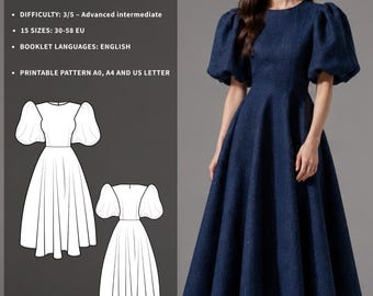 Patrón de costura para vestido OLGA: Elegante vestido midi con mangas abullonadas y cuello redondo (descarga en PDF)